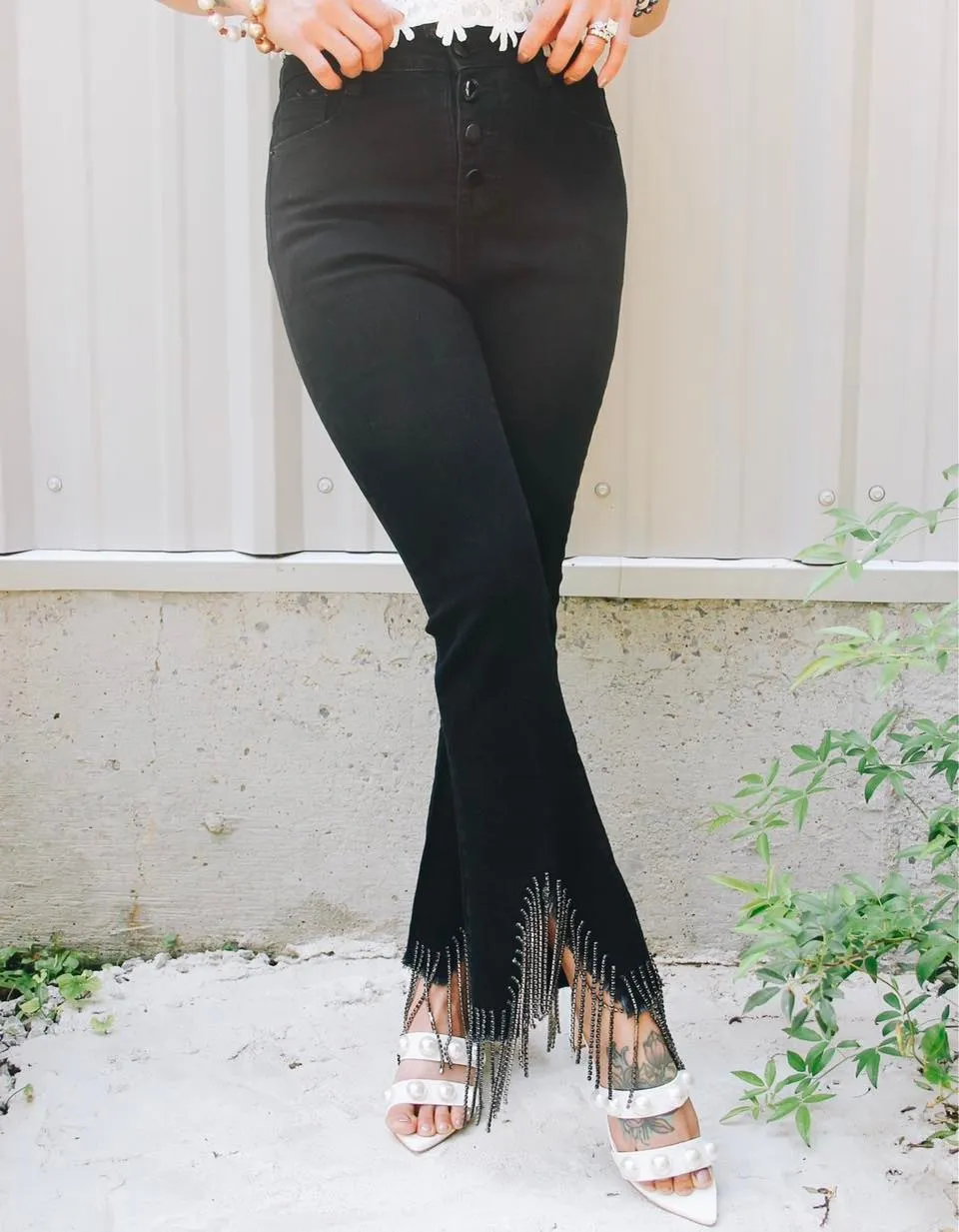Blue B Rhinestone Fringe Denim Pants