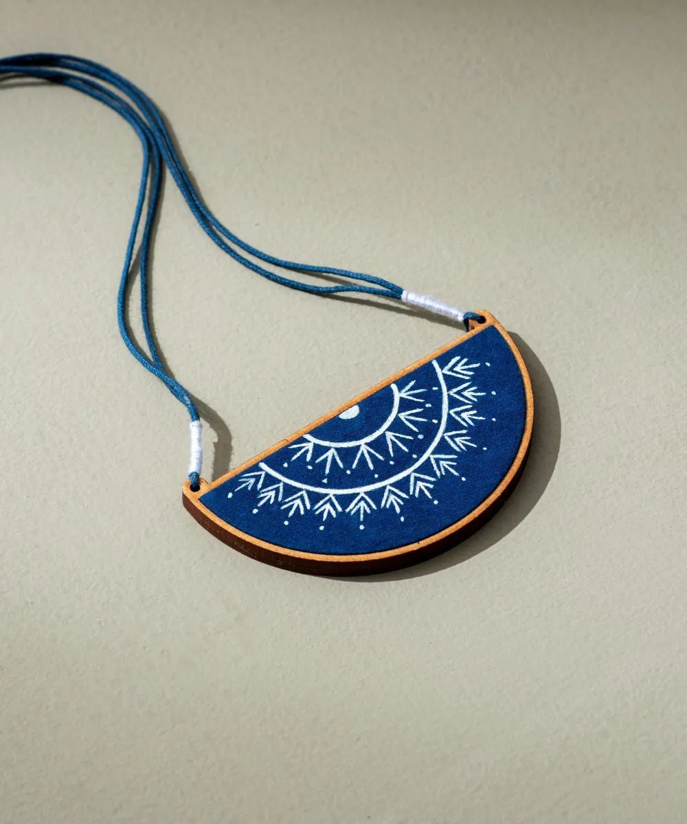 Blue hand painted upcycled fabric repurposed wood semi circle necklace