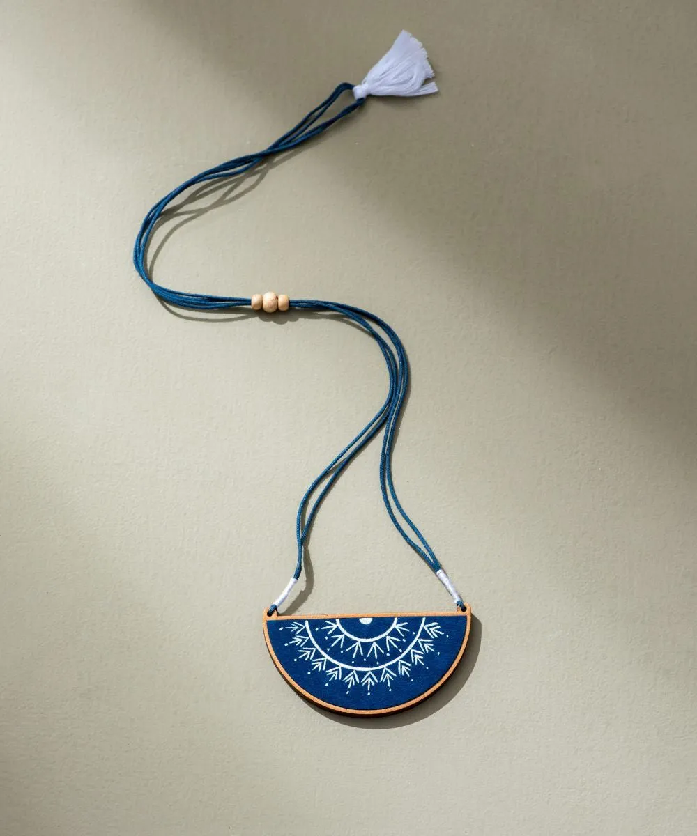Blue hand painted upcycled fabric repurposed wood semi circle necklace