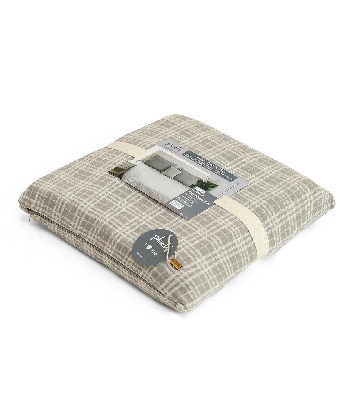 Checkerboard Light Grey & Natural Color Cotton Knitted King Size Bed Cover/AC Blanket Set (1 bedcover, 2 Pillow Covers, 1 Cushion Cover)