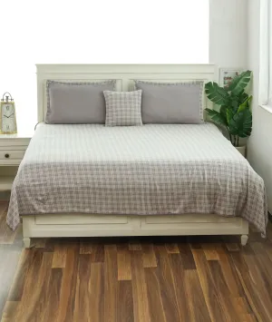 Checkerboard Light Grey & Natural Color Cotton Knitted King Size Bed Cover/AC Blanket Set (1 bedcover, 2 Pillow Covers, 1 Cushion Cover)