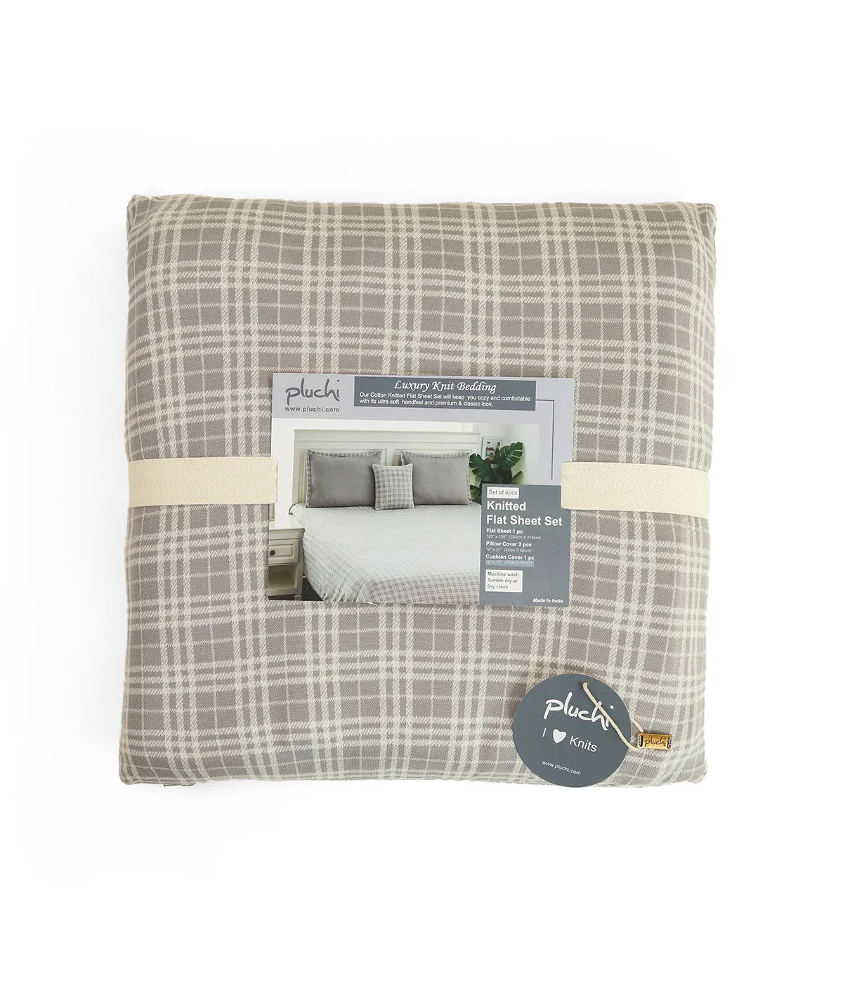 Checkerboard Light Grey & Natural Color Cotton Knitted King Size Bed Cover/AC Blanket Set (1 bedcover, 2 Pillow Covers, 1 Cushion Cover)