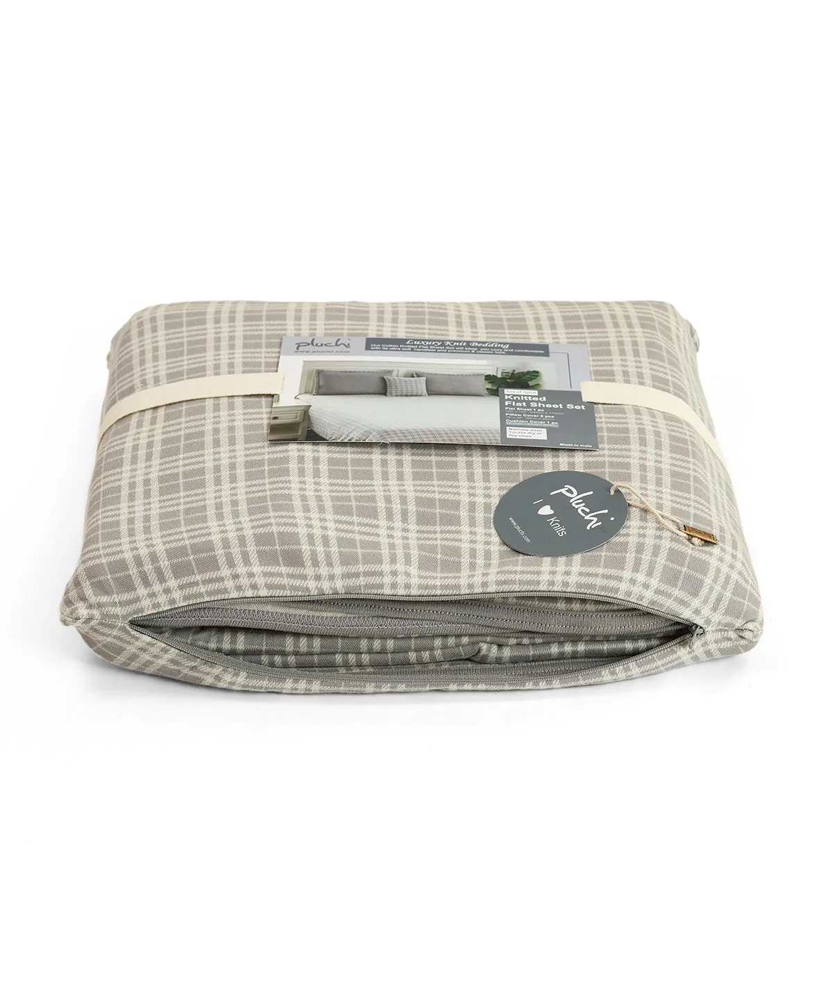 Checkerboard Light Grey & Natural Color Cotton Knitted King Size Bed Cover/AC Blanket Set (1 bedcover, 2 Pillow Covers, 1 Cushion Cover)