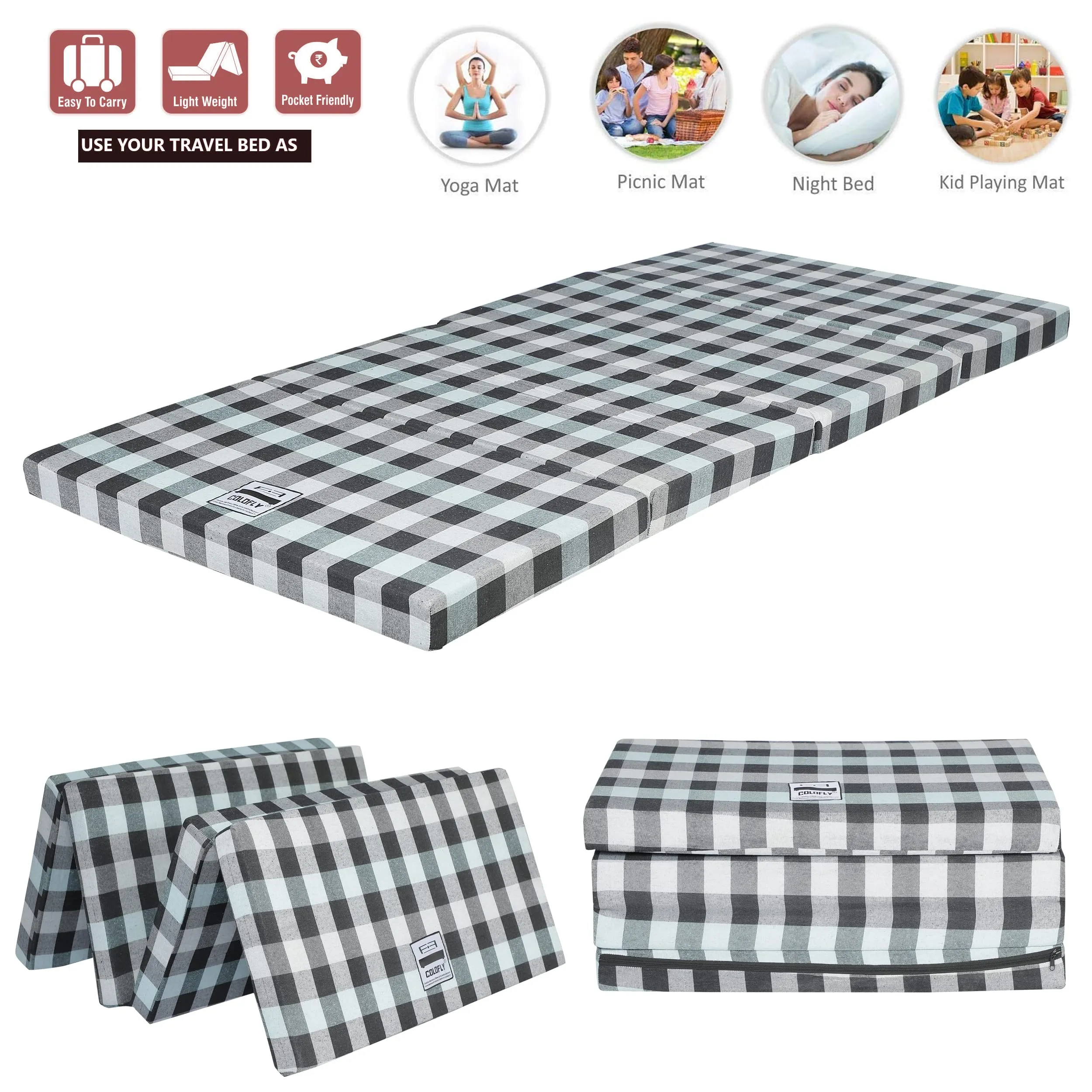 COLOFLY UHD Foam 3 Inch Dual Comfort Reversible Four Fold Single Bed Mattress Foldable Blue Multicolor Gadda for Travel Picnic (72x35x3)