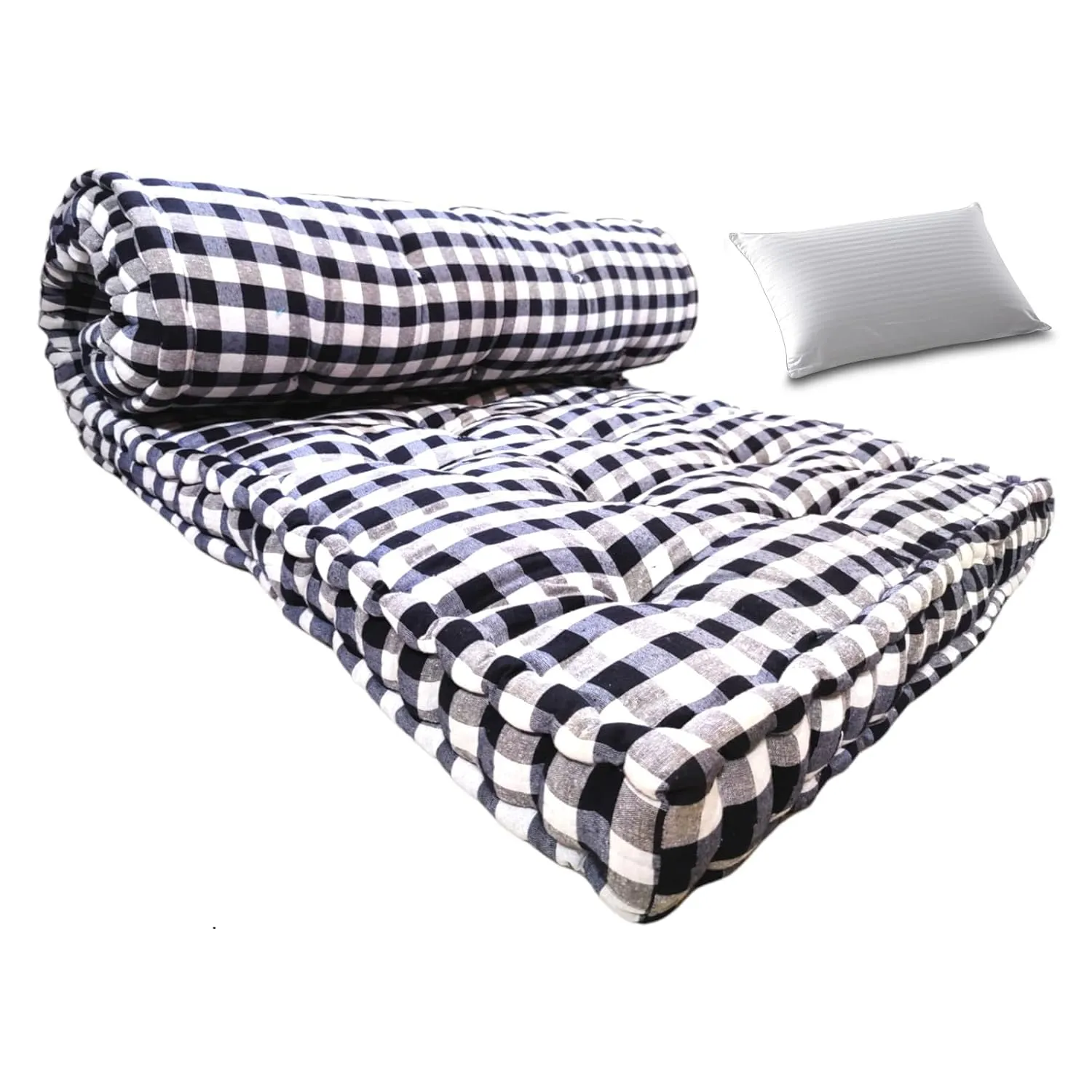 Deevine Craft 5-Inch Thick Cotton Quilt Box Mattress and Pillow Set - Medium Firm,Black and White Design, Comfortable, Supportive Box Mattress with Pillow (72X30X6 Inches, Small Single Mattress)