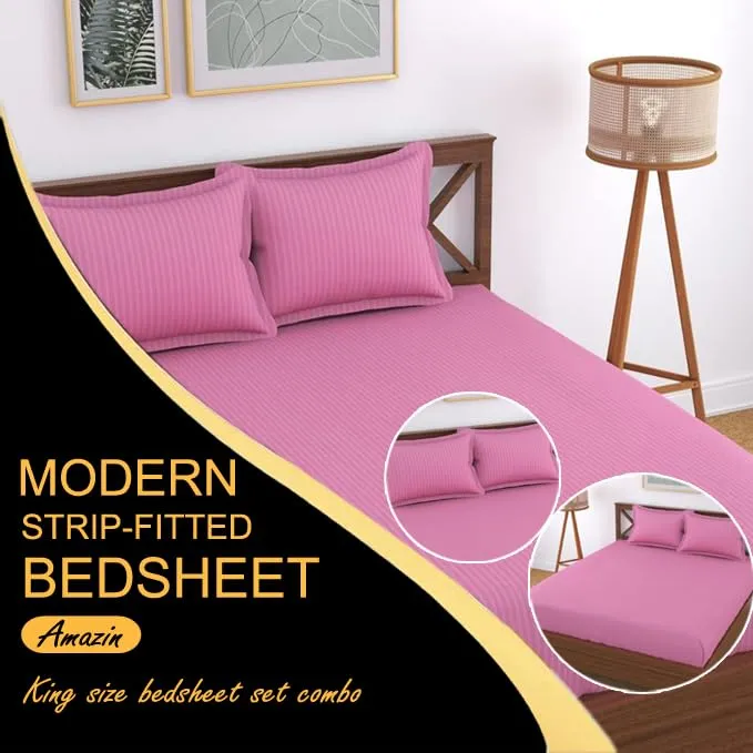 FRESH FROM LOOM Satin Striped Elastic Fitted Bed Sheets | Bed Covers for Mattresses Tuck in | Soft Fitted Bedsheet King Size Bed with Two Pillow Cover (Size - 78 x 72 Inches, Fits up to 10 Inch)