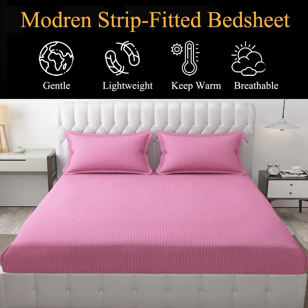 FRESH FROM LOOM Satin Striped Elastic Fitted Bed Sheets | Bed Covers for Mattresses Tuck in | Soft Fitted Bedsheet King Size Bed with Two Pillow Cover (Size - 78 x 72 Inches, Fits up to 10 Inch)