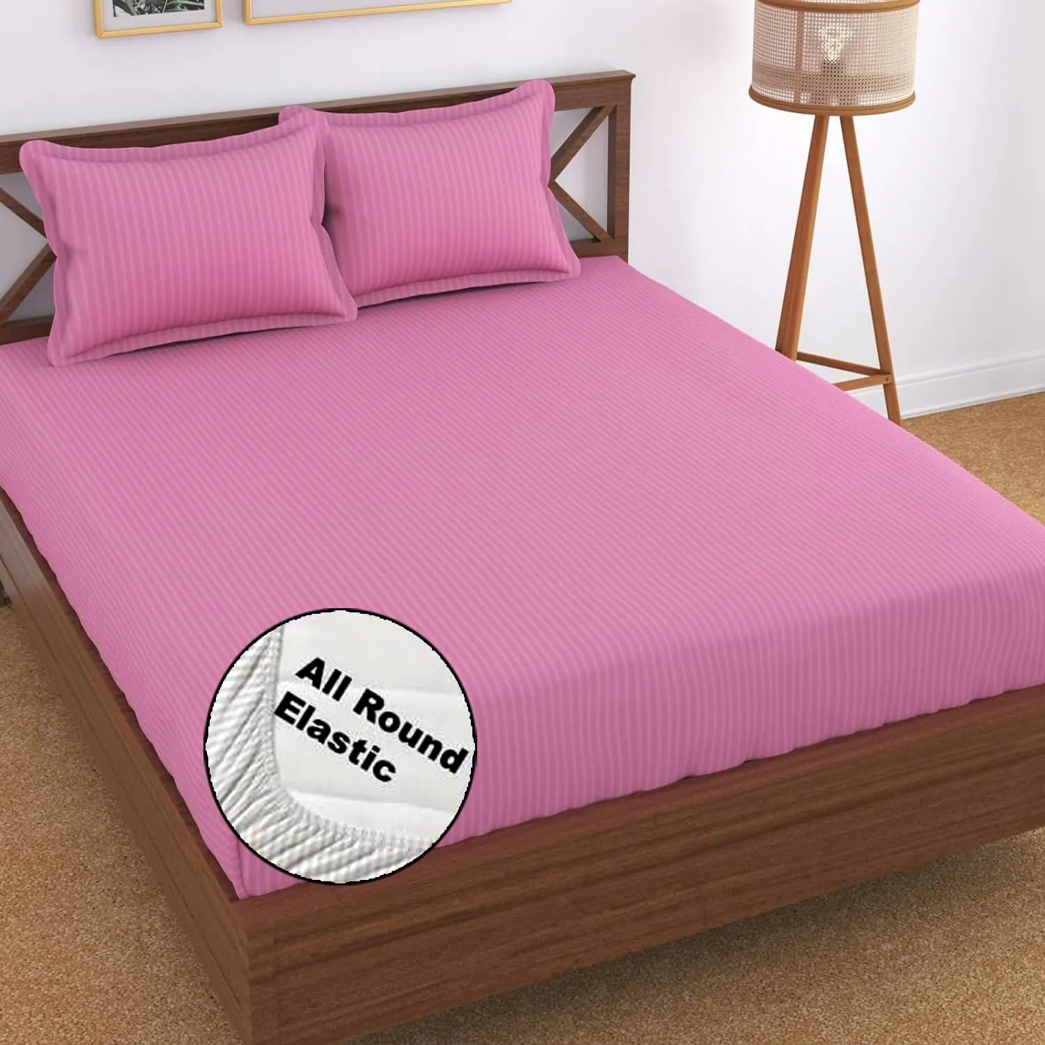 FRESH FROM LOOM Satin Striped Elastic Fitted Bed Sheets | Bed Covers for Mattresses Tuck in | Soft Fitted Bedsheet King Size Bed with Two Pillow Cover (Size - 78 x 72 Inches, Fits up to 10 Inch)