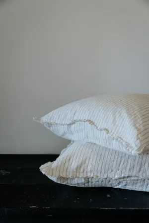 HAND-FRAYED EUROPEAN LINEN PILLOWCASE PAIR- OLIVE PINSTRIPE