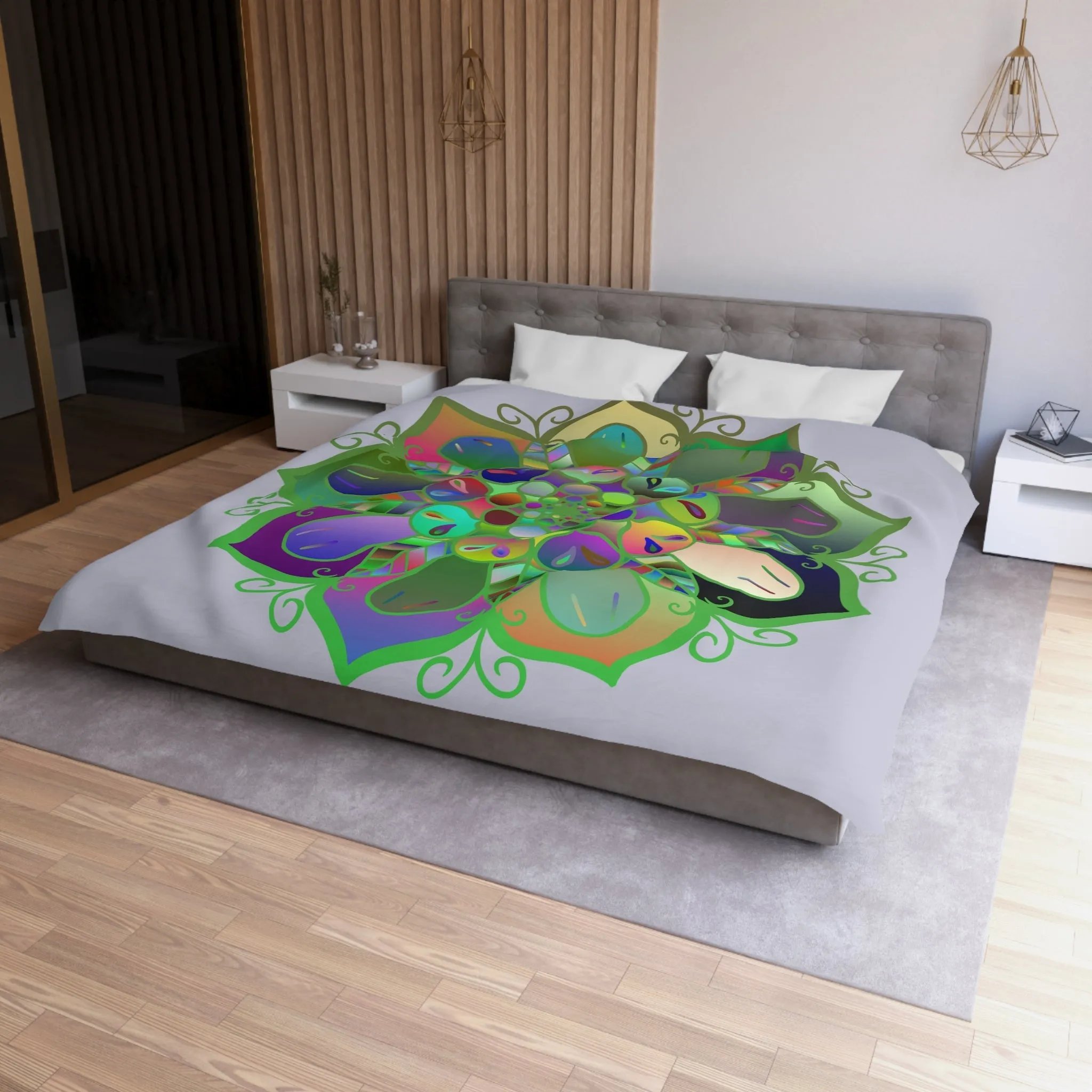 Handmade Mandala Design Duvet Cover - Colorful Art on Grey