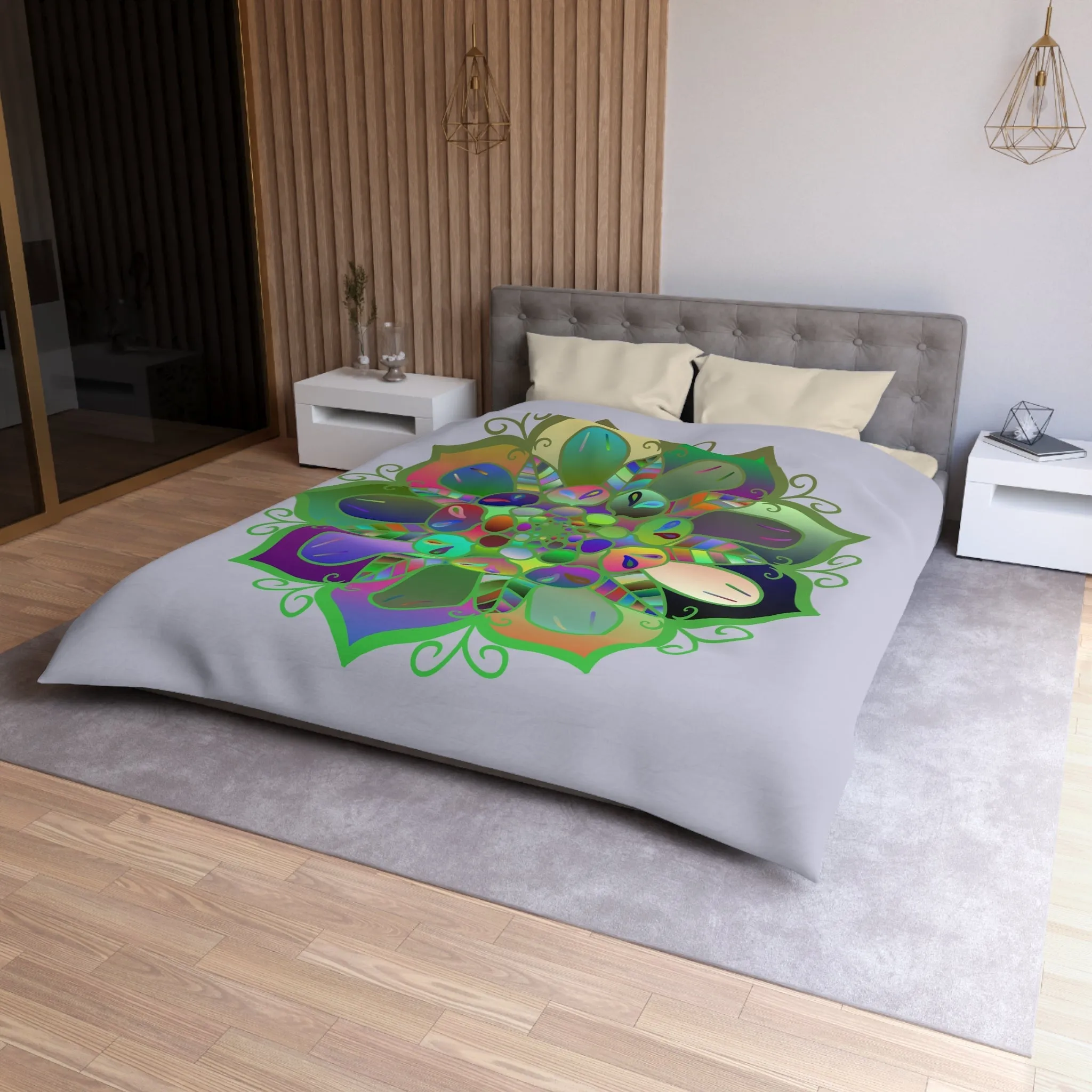 Handmade Mandala Design Duvet Cover - Colorful Art on Grey