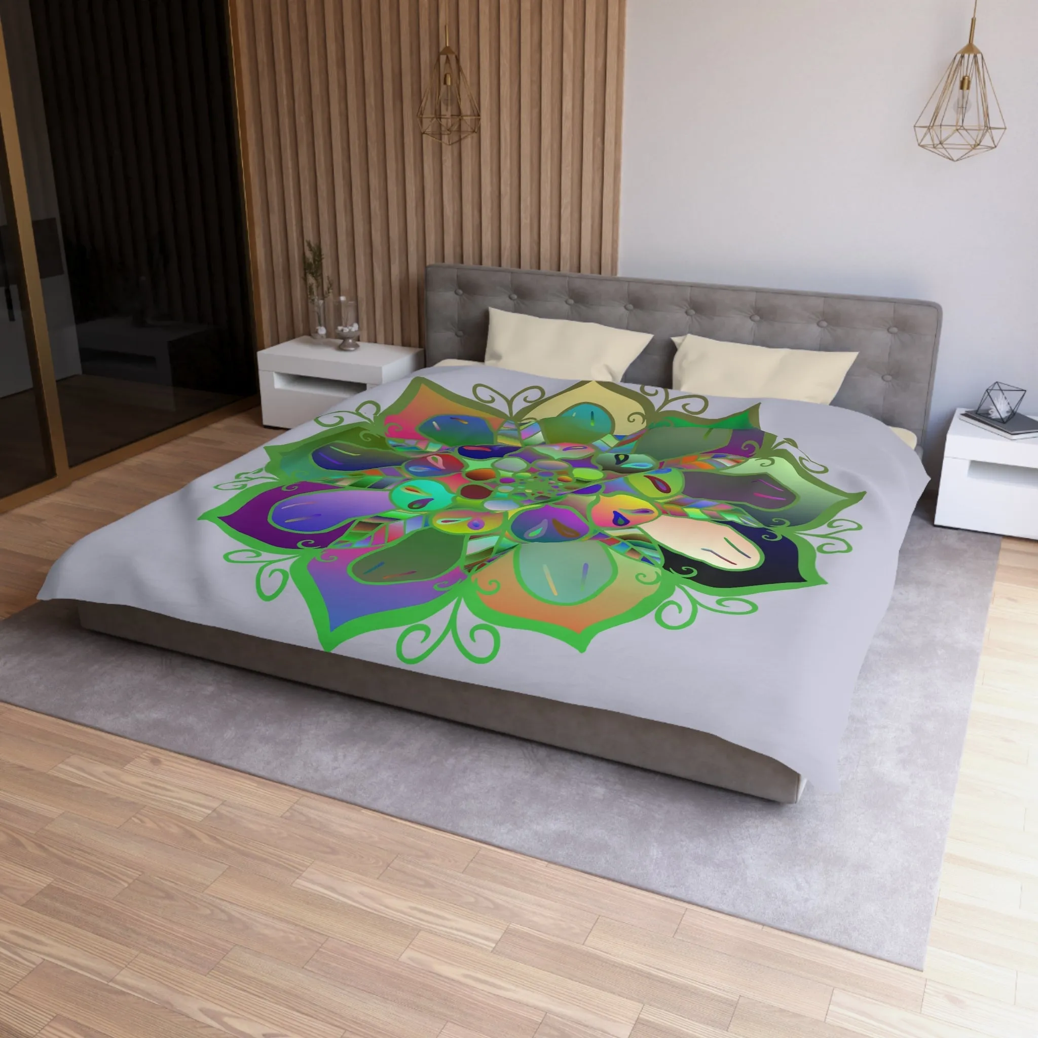 Handmade Mandala Design Duvet Cover - Colorful Art on Grey