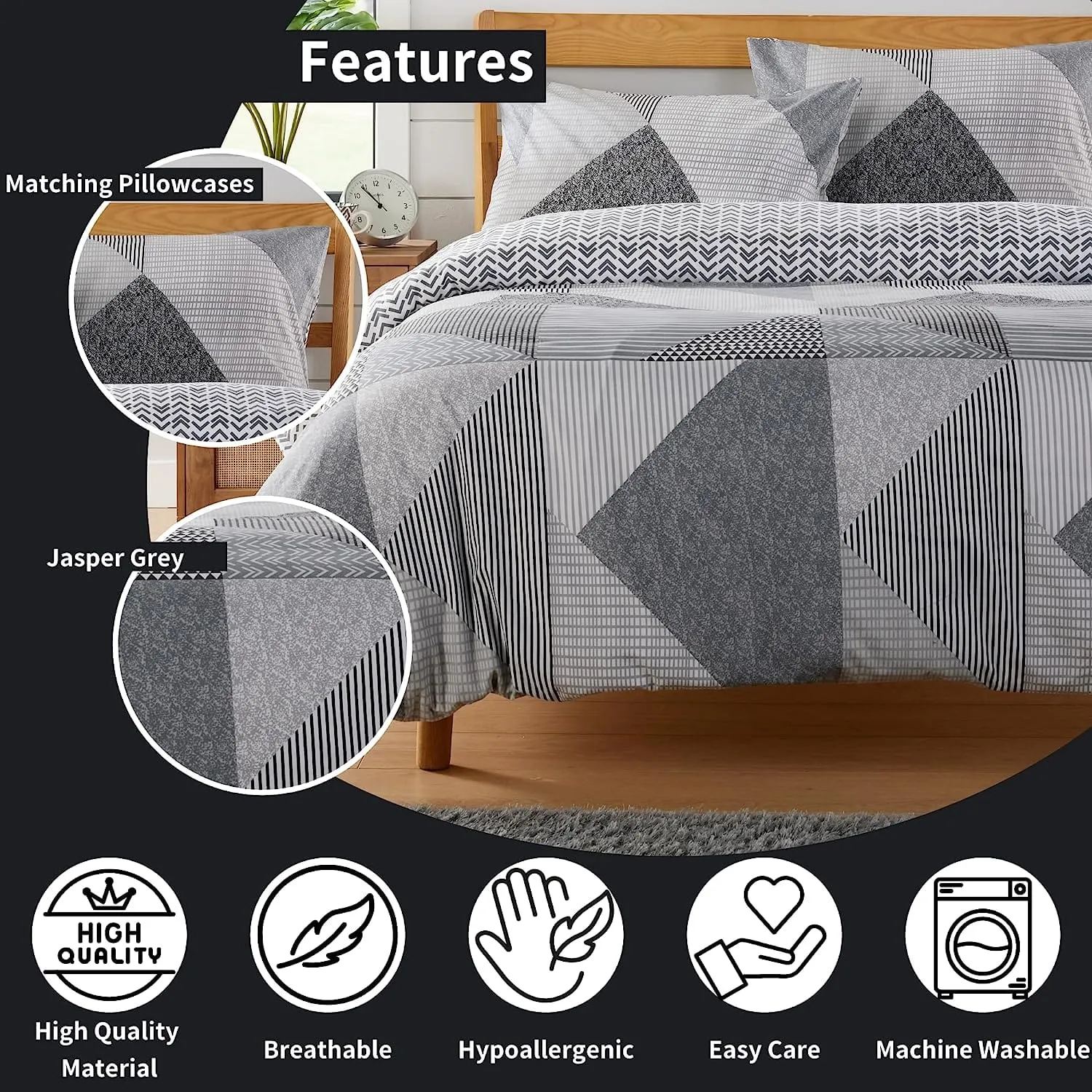 Jasper Grey Printed Reversible Quilted Duvet Cover Set with Button Closure in Single Double and King High-Quality Polyester by OLIVIA ROCCO