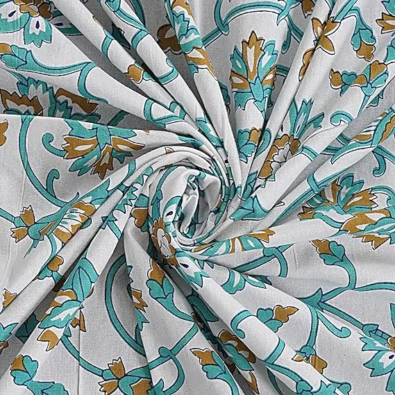 Pure Cotton Sanganeri Printed Jaipuri Bedsheet for Double Bed Queen Size with 2 Pillow Covers 260Thread Count (White Sky Blue)