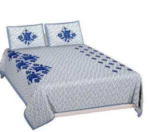 Pure Cotton Sanganeri Printed Jaipuri Bedsheet for Double Bed Queen Size with 2 Pillow Covers 260Thread Count,