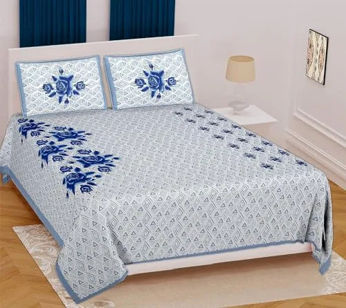 Pure Cotton Sanganeri Printed Jaipuri Bedsheet for Double Bed Queen Size with 2 Pillow Covers 260Thread Count,