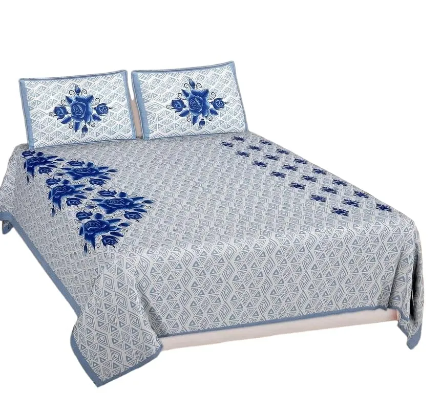 Pure Cotton Sanganeri Printed Jaipuri Bedsheet for Double Bed Queen Size with 2 Pillow Covers 260Thread Count,