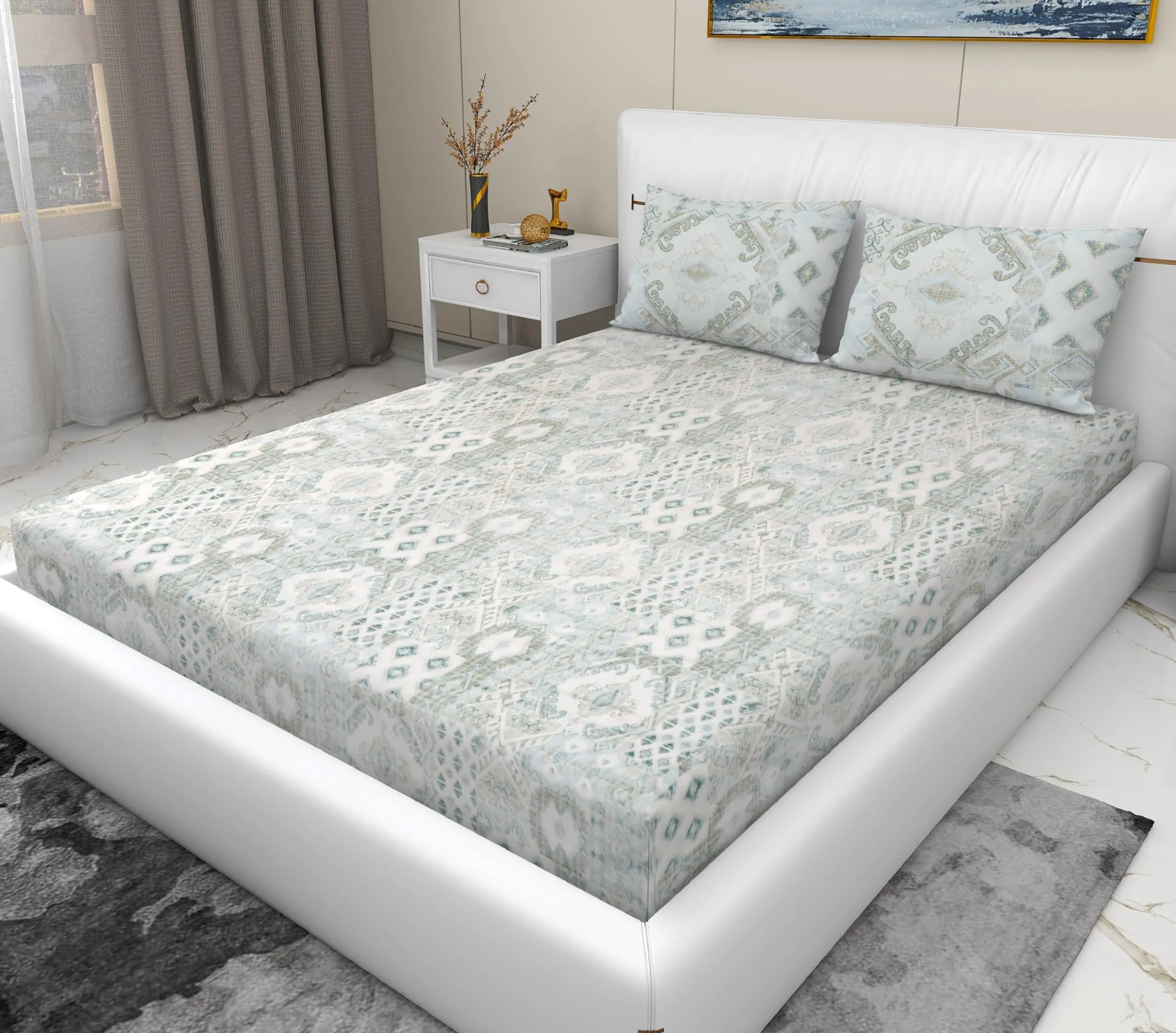 RD TREND® Presents 210 Tc 100% Cotton bedsheets for King Size Bed 108/100 Inchs (274/254 CM) with 2 Pillow Covers Size(20x30 inches) Color- lite Heena Paterrn- Geometric