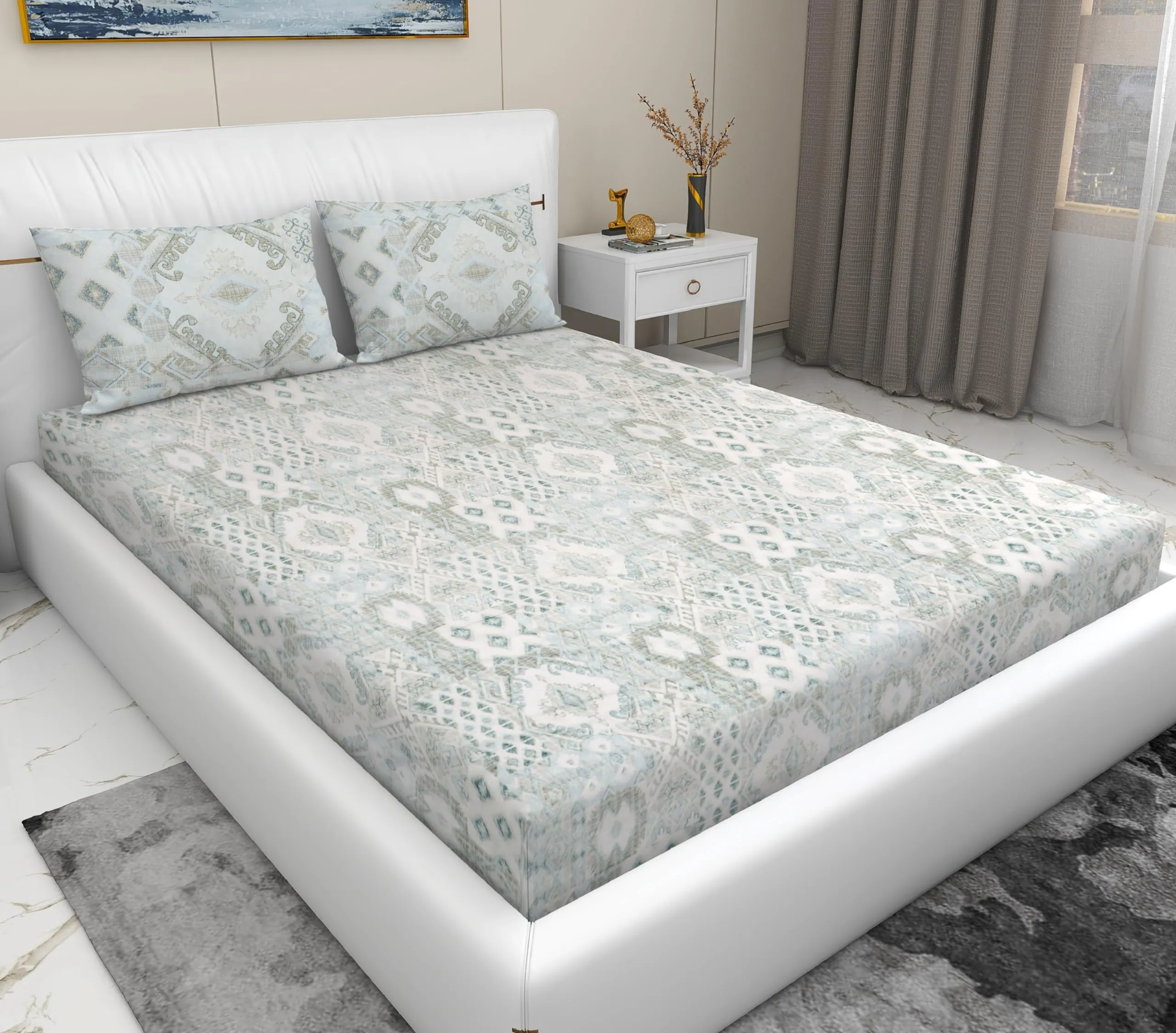RD TREND® Presents 210 Tc 100% Cotton bedsheets for King Size Bed 108/100 Inchs (274/254 CM) with 2 Pillow Covers Size(20x30 inches) Color- lite Heena Paterrn- Geometric