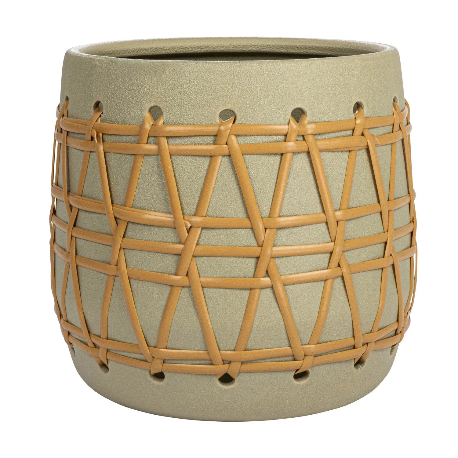 Stoneware Planter w/ Weaving, Matte Celery Color